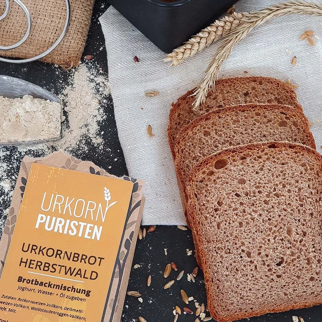 3 Scheiben Brot der Backmischung Herbstwald mit aufgerissener Packung und diverse Deko