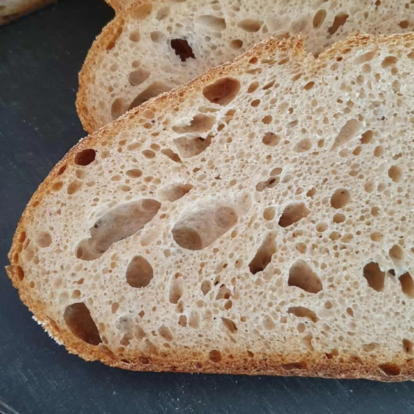 Nahaufnahme einer Brotscheibe vom Dinkelbrot 50% Vollkorn