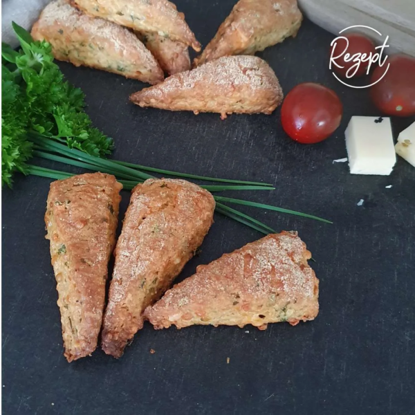 Scones aus Einkorn mit Käse und Kräuter. auf schwarzem Untergrund mit Kräuter, tomaten udn Käsewürfel als deko