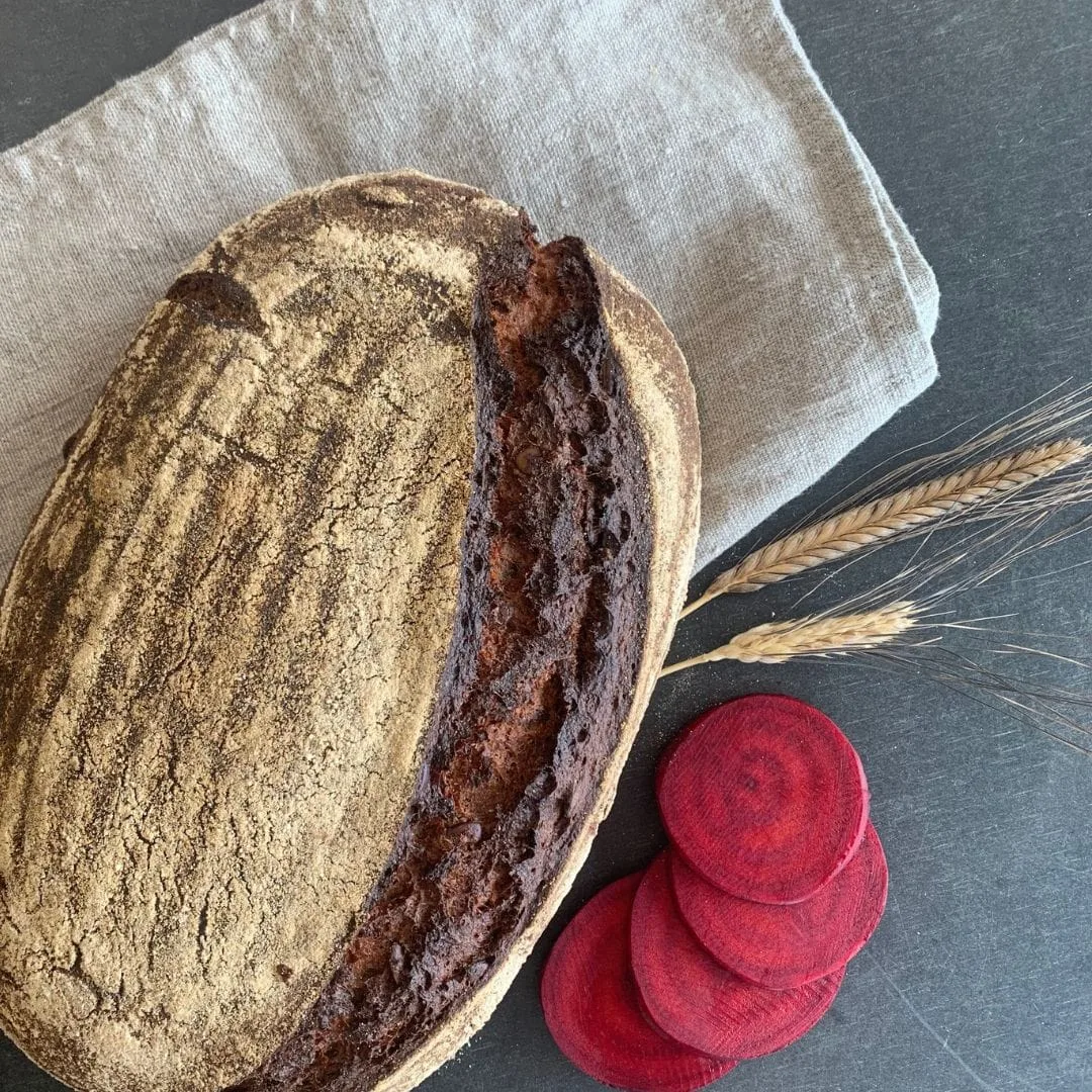 das gesunde Vollkornbrot Wurzelkraft aus Brotbackmischung Buttermilchkruste mit Kürbiskernen und Roter Beete. In Scheiben geschnitten auf Leinentuch mit Roter Bete und Getreideähren