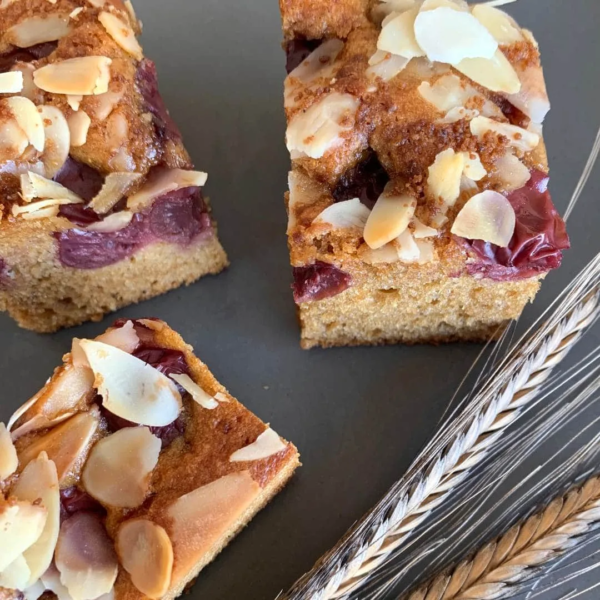 drei quadratische Stücke Kirsch-Mandelkuchen von oben fotografiert. Blechkuchen mit Mandelplättchen auf der Oberseite zu sehen. Kirschen sind im Teig versunken
