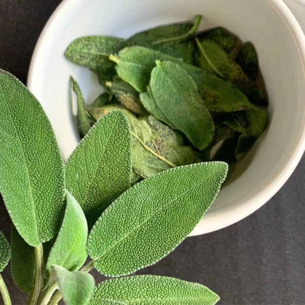 Auf dem Bild zu sehen ist ene weiße kleine Schale von dem Unternehemn wtihin Mood, welche mit in Butter geschwenkten Salbeiblättern gefüllt ist. die schale steht auf einer dunkelgrauen Arbeitsfläche. links unten wird ein salbeizweig ins Bild gehoben, welcher der Fokus des Bildes ist.